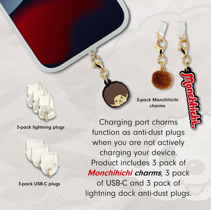 Sonix Dust Plugs - USB C + Lightning Compatible - Monchhichi Silicone Character Charging Port Charms (3 Pack) - Monchhichi, Pom Pom, Logo - Image 3